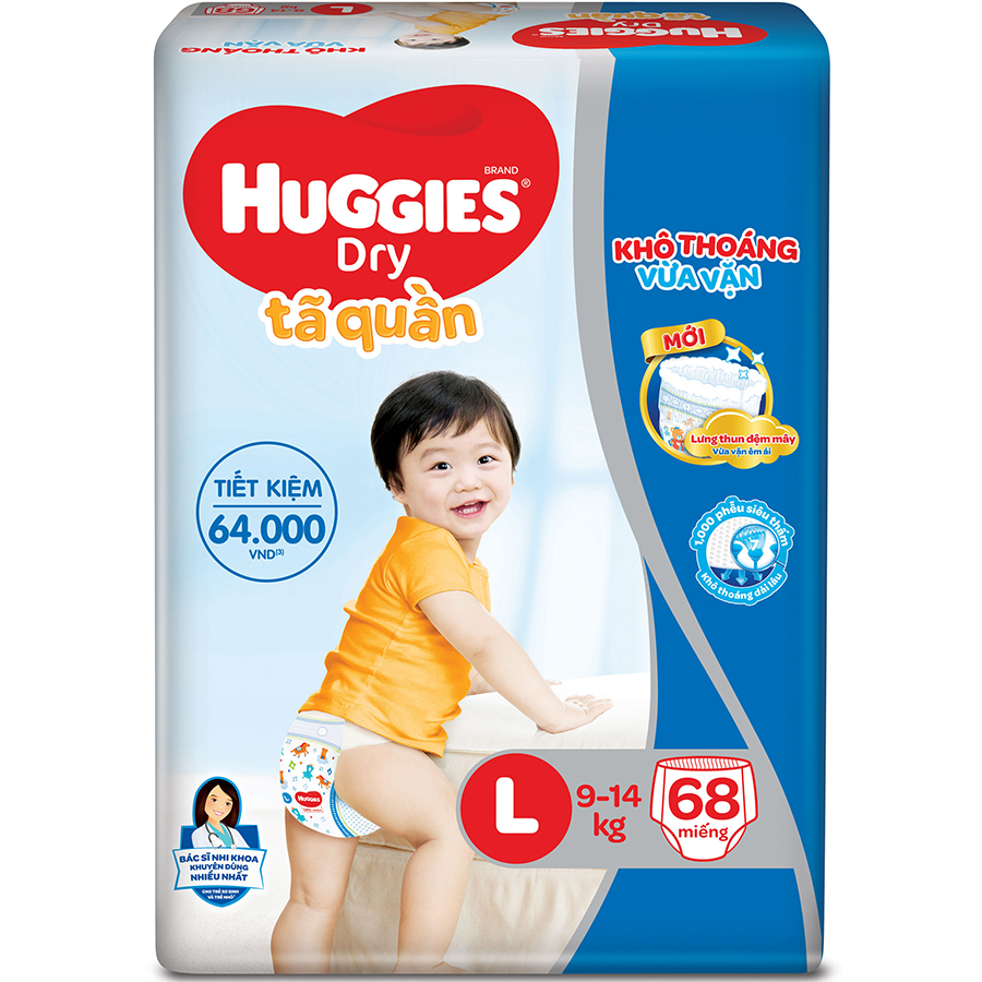 Combo 3 Gói Tã Quần Huggies Dry Gói Cực Đại L68 (68 Miếng) - Bao Bì Mới