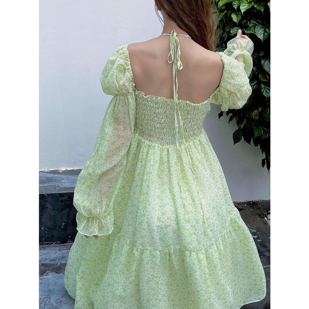 Đầm voan chiffon hoa xanh nhí có smocking lưng thun