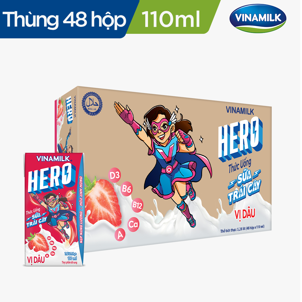 THỨC UỐNG SỮA TRÁI CÂY HERO VỊ DÂU VINAMILK - HỘP X 110ML