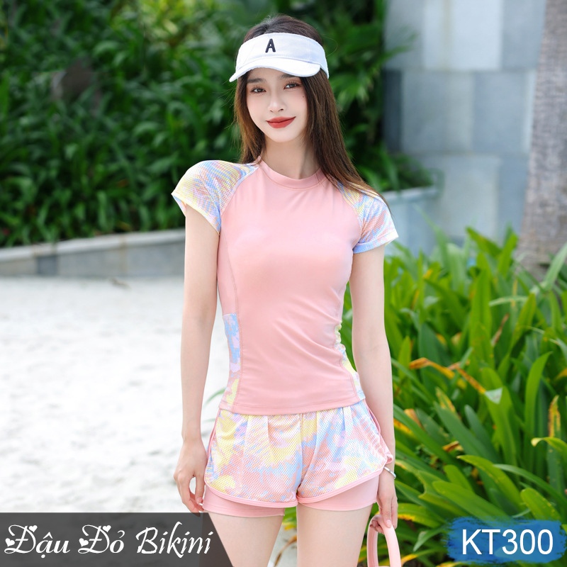 Bộ bơi nữ dáng áo thun ngắn tay quần short đùi 2 lớp kín đáo, có sẵn đệm ngực tròn, thiết kế trẻ trung, dấu bụng tốt, chất thun bơi Hàn cao cấp | KT300