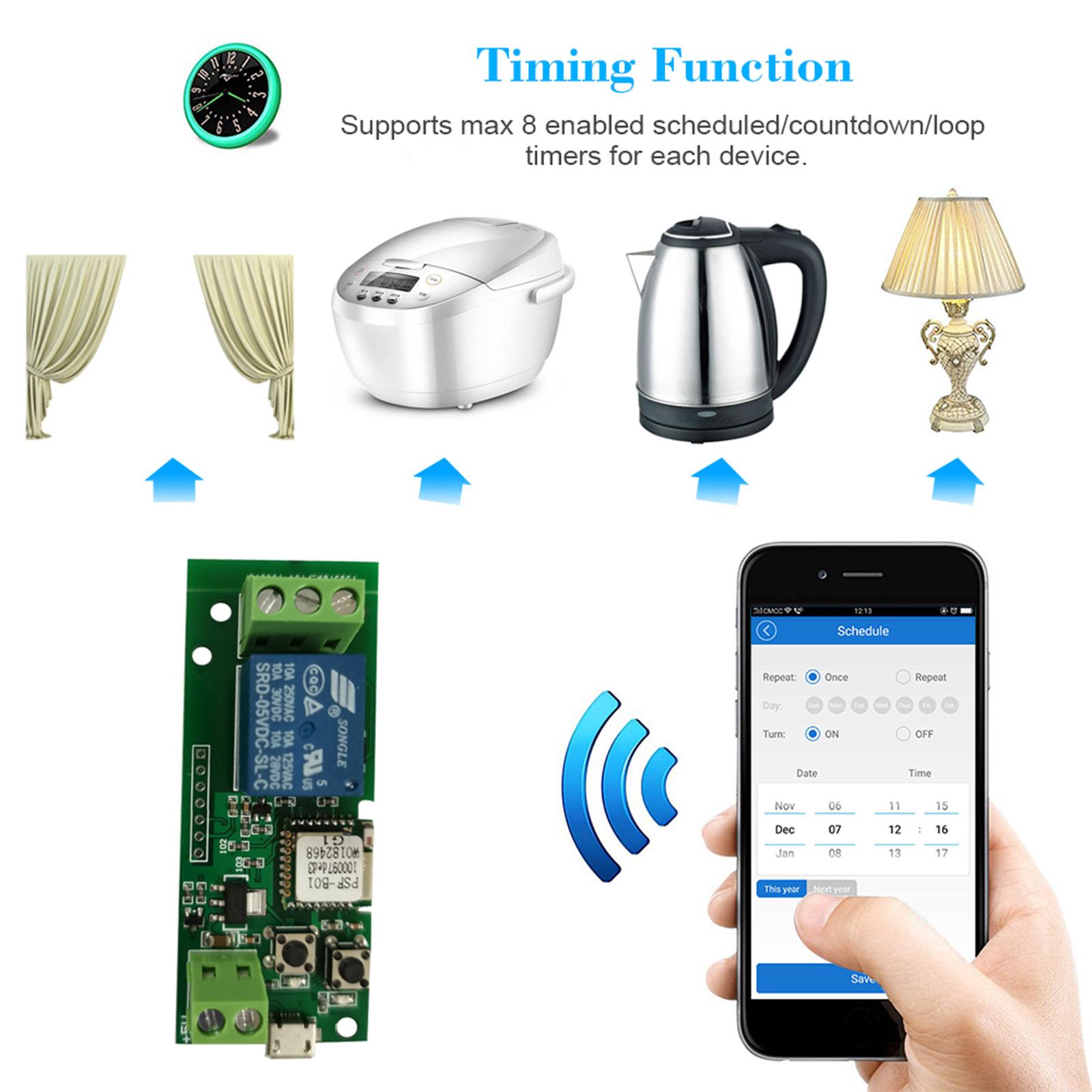EWeLink USB DC5V Wifi Switch Wireless Relay Module Smart Home Automation Modules Phone APP Remote Control Timer Switch Alexa Google Home Voice Control for Access Control System Inching/Self-Locking