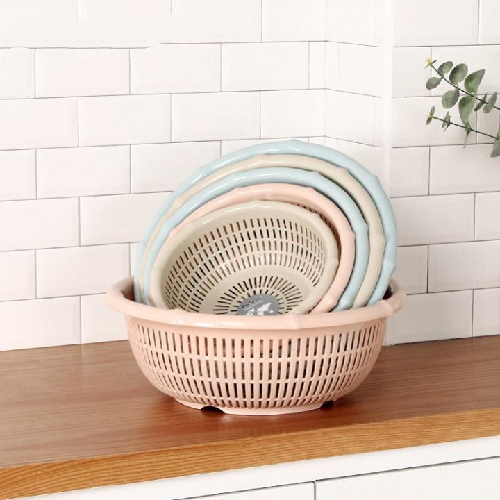 Bộ rổ kèm chậu hứng nước rửa rau củ đựng hoa quả trái cây 2 lớp siêu cứng siêu bền