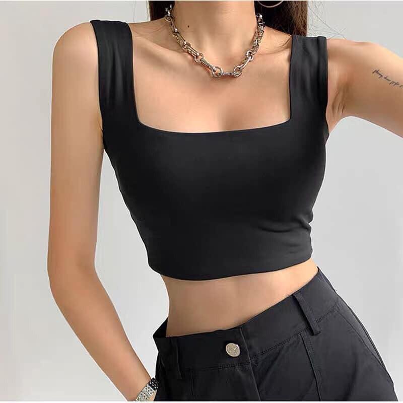 Áo croptop cổ vuông đen trắng - Áo croptop khoét nách 2 màu đen trắng phom ôm chất thun