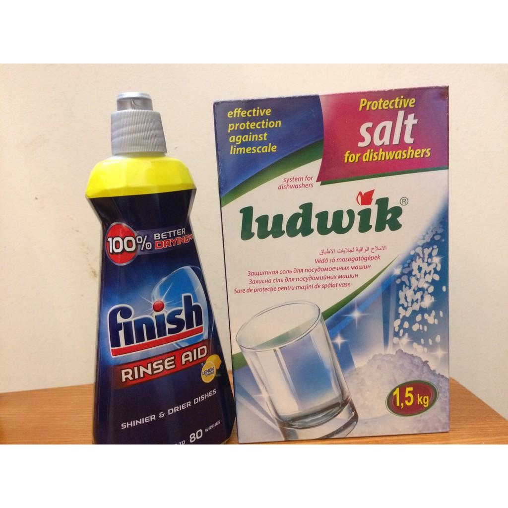 Muối rửa bát Ludwik 1,5kg + Nước trợ xả làm Bóng Finish 400ml + Tặng que thử nước cứng