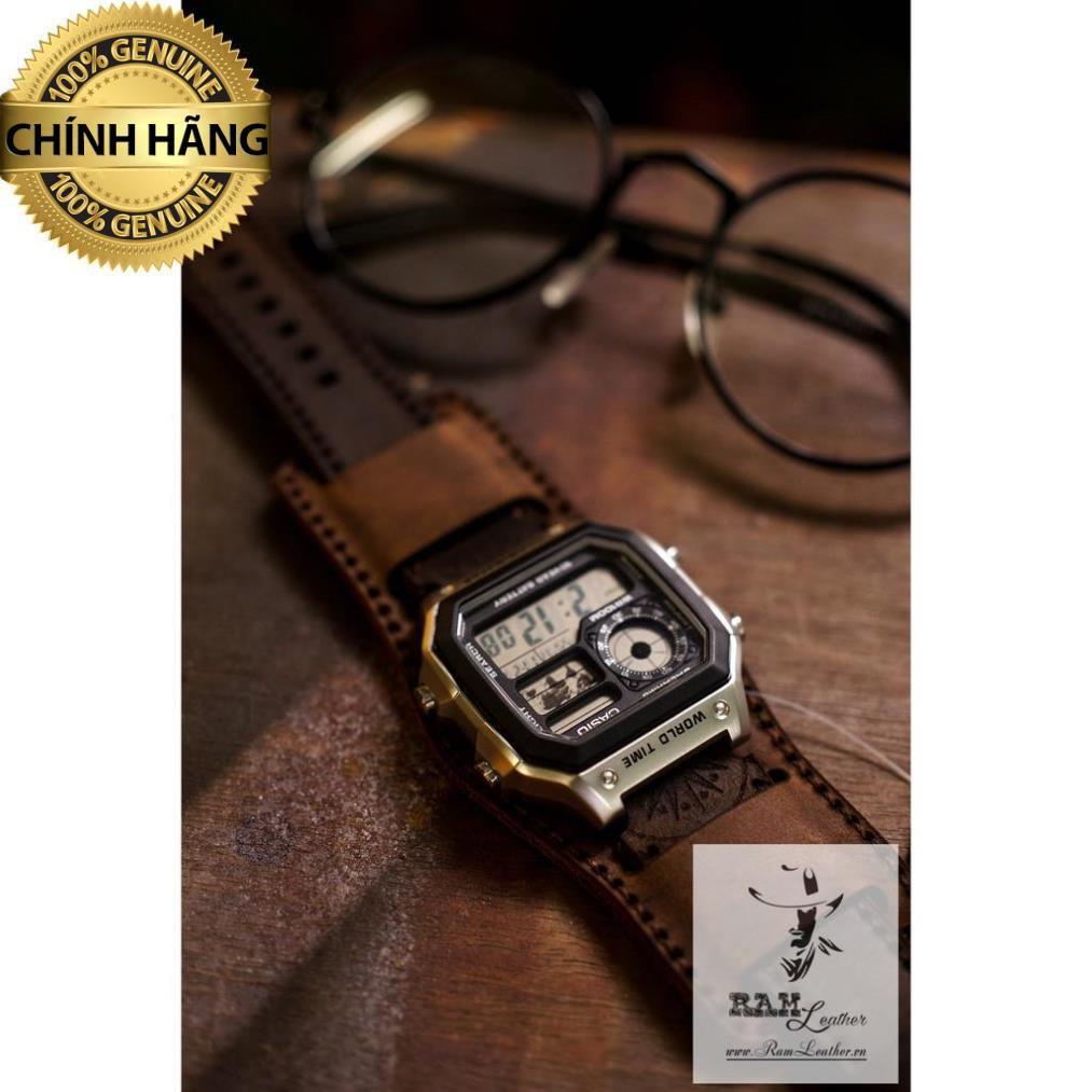 DÂY ĐỒNG HỒ TRỐNG ĐỒNG DÀNH CHO CASIO AE1200 DA BÒ THẬT BUNDSTRAP B2+DARK BROWN .