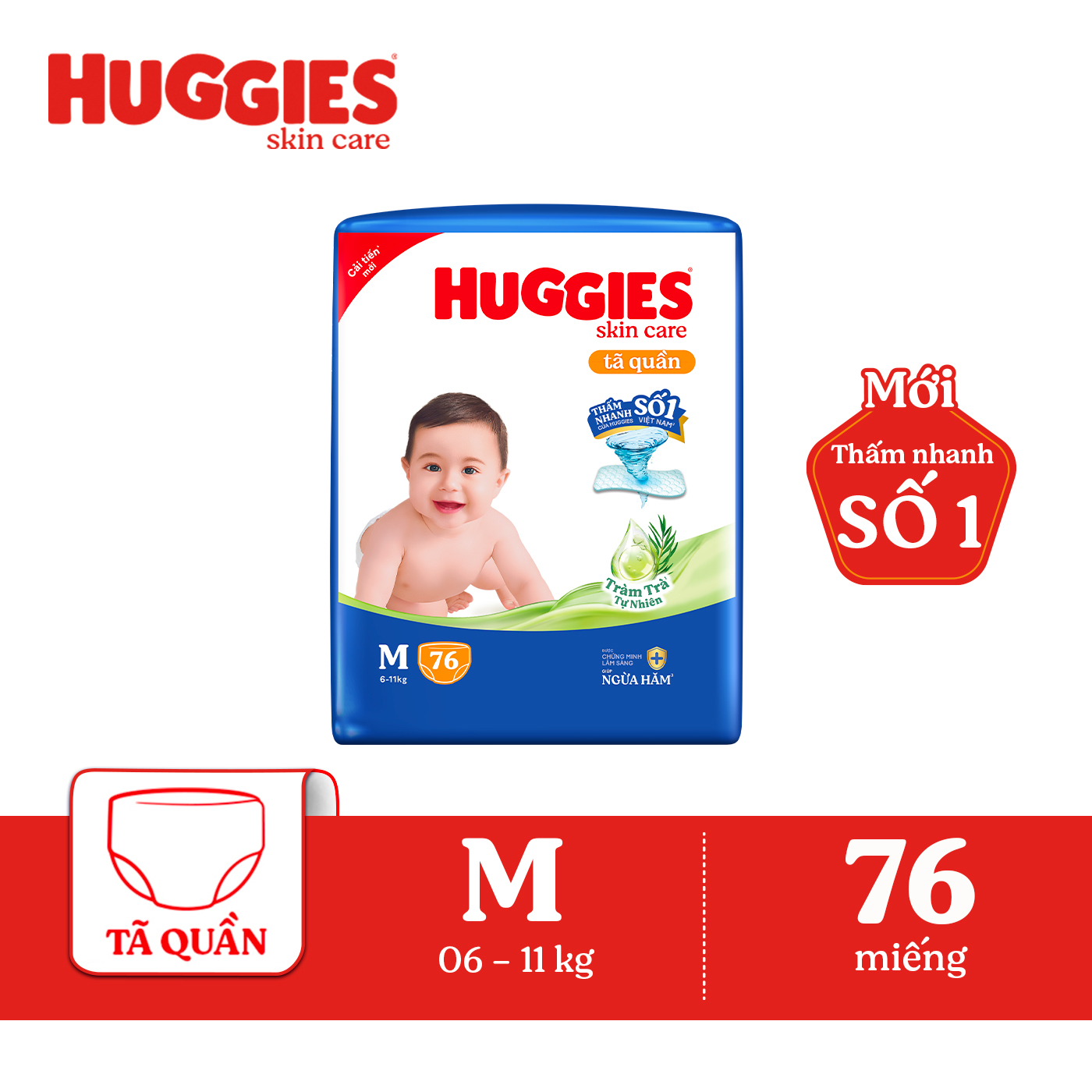 Tã/bỉm quần Huggies Skin Care Super Jumbo M76 miếng với tràm trà dịu da