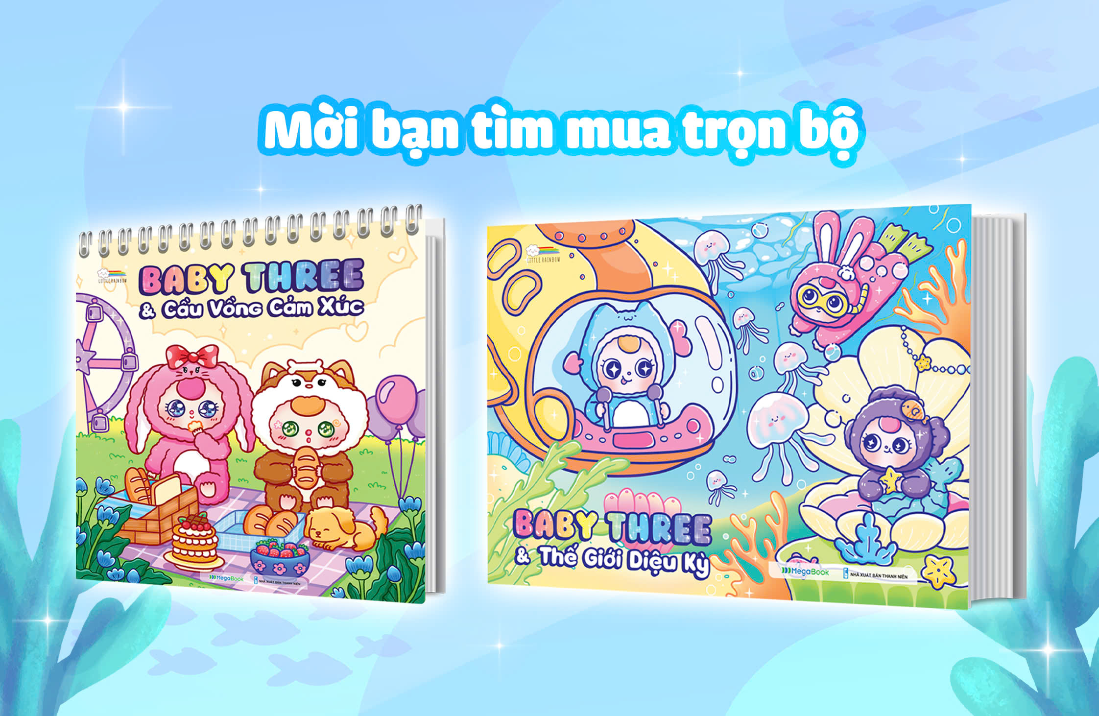 Combo Sách tô màu Baby Three - Thế giới diệu kỳ &amp; Cầu vồng cảm xúc