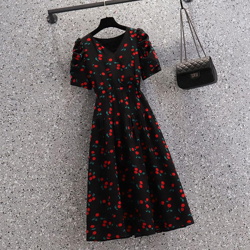 TOBE1SHOP Quần áo mùa hè 2023 Cherry in tay áo ngắn Vintage V cổ thắt lưng thiết kế cảm giác đầm cho phụ nữ
