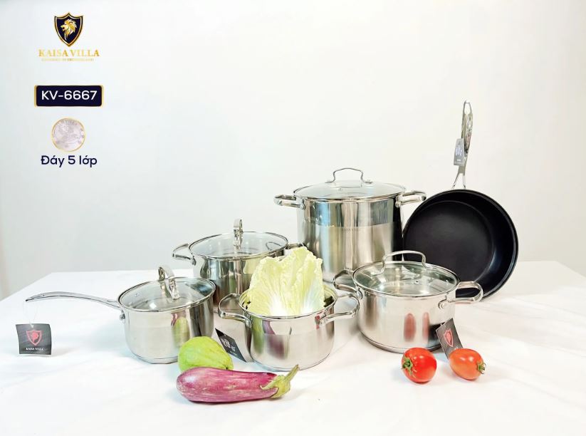 Bộ Nồi Inox 6 Sản Phẩm 12 Chi Tiết  Hiệu Kaisa Villa KV-6667 - Hàng Chính Hãng