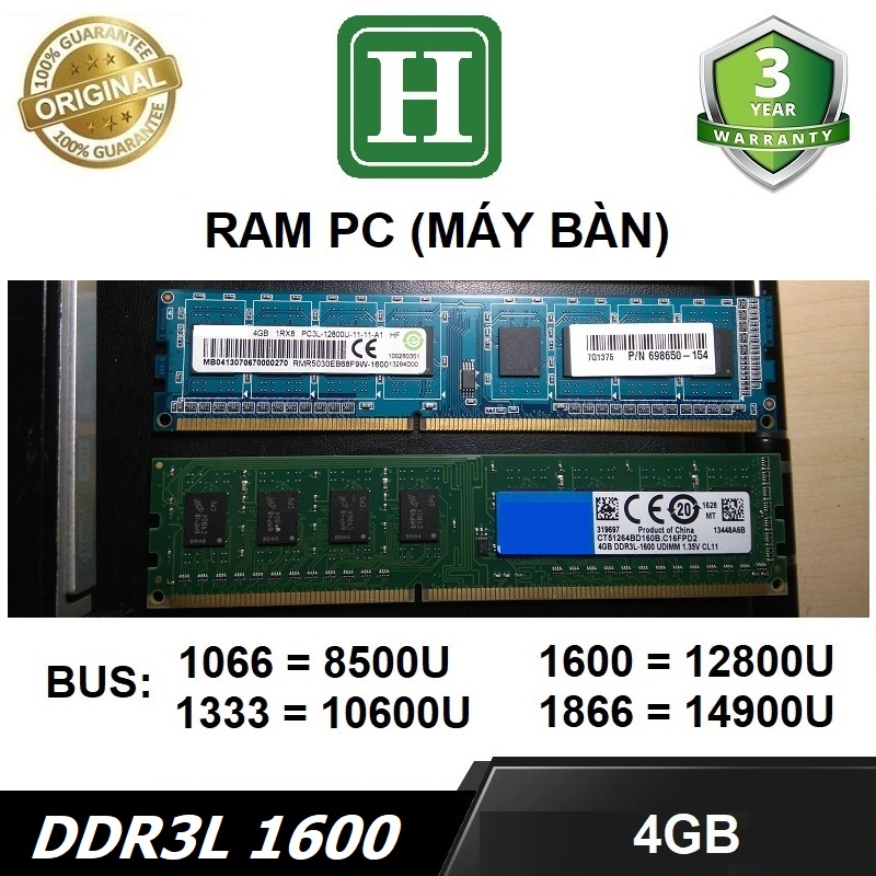 Ram PC 4GB DDR3L bus 1600 (12800U) dùng cho máy bàn