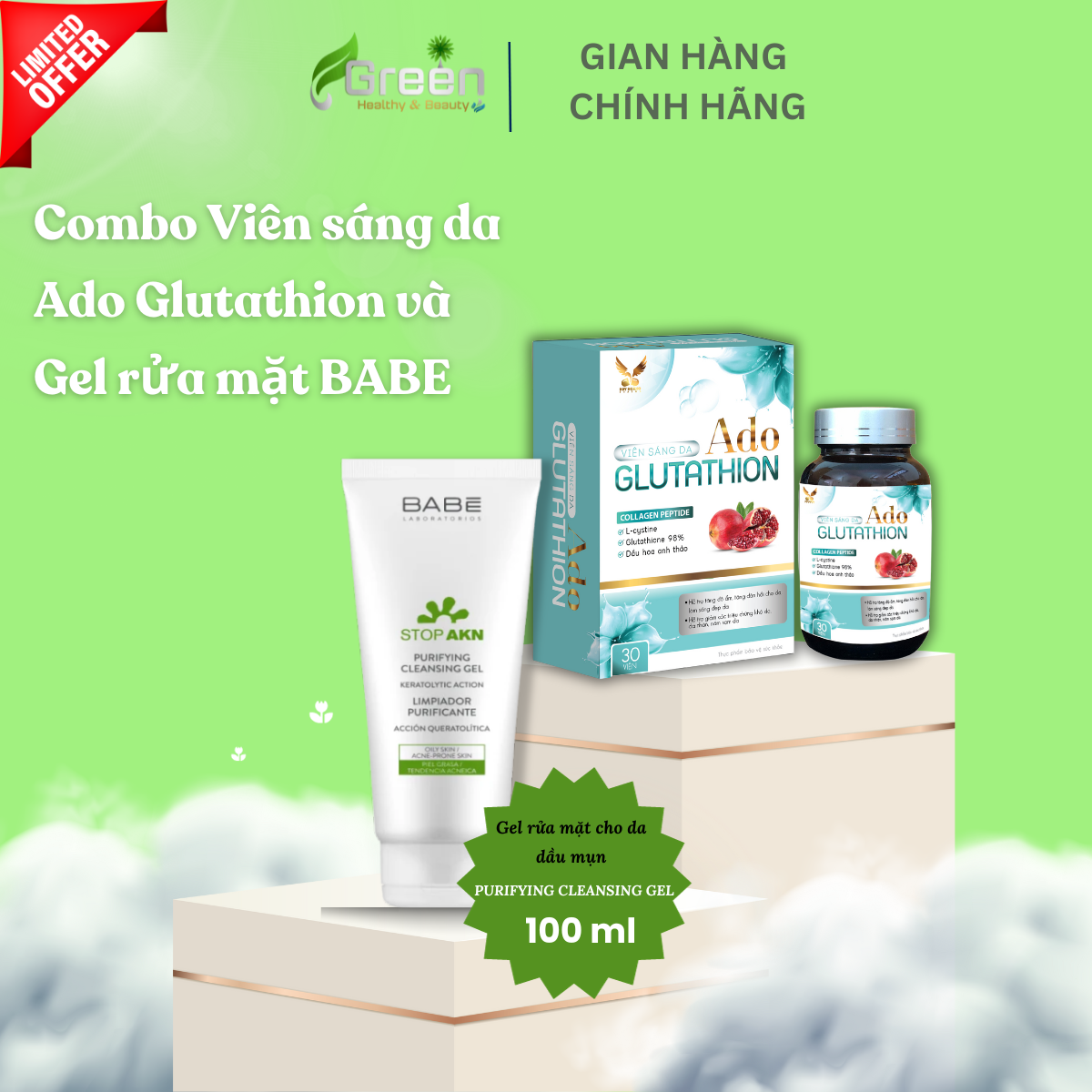 COMBO Viên sáng da Ado Glutathion và Gel rửa mặt BABE Stop AKN Purifying Cleansing Gel
