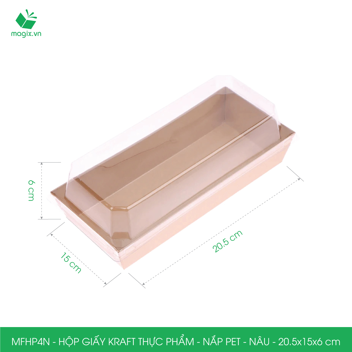 MFHP4N - 20.5x15x6 cm - 25 hộp giấy kraft thực phẩm màu nâu nắp Pet, hộp giấy chữ nhật đựng thức ăn, hộp bánh nắp trong