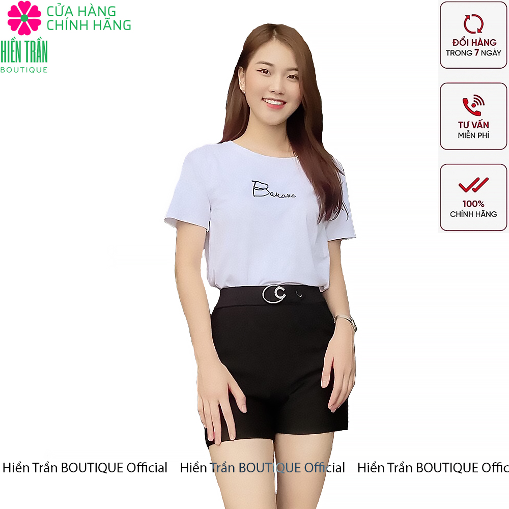 Quần short nữ Hiền Trần BOUTIQUE cạp cao, khuyên đá chất vải Umi Hàn cao cấp co giãn tốt tôn dáng