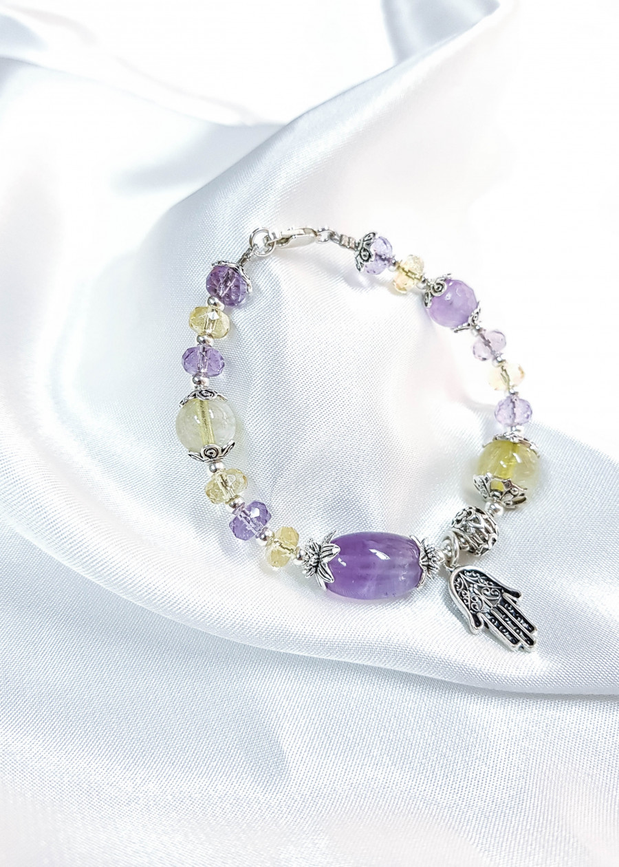 Vòng tay mệnh thổ, kim đá thạch anh tím mix đá citrine+ charm bàn tay Hamsa LAT.103
