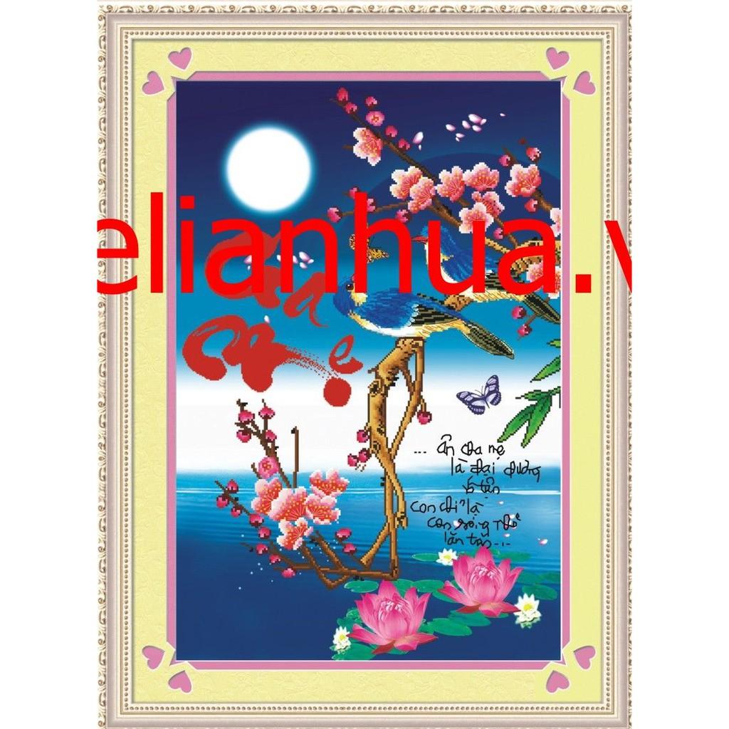 Tranh thêu cha mẹ chim hoa đào 222594 - kích thước: 40 * 56cm.