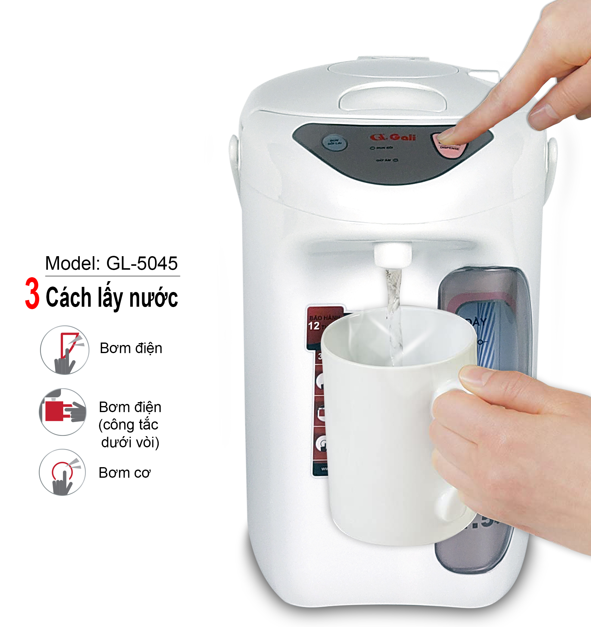 Bình thủy điện Gali GL-5045 dung tích 4.5 lít, phích cấu tạo 2 lớp thân ngoài nhựa, ruột inox 304, hàng chính hãng 100% Gali, bảo hành 24 tháng