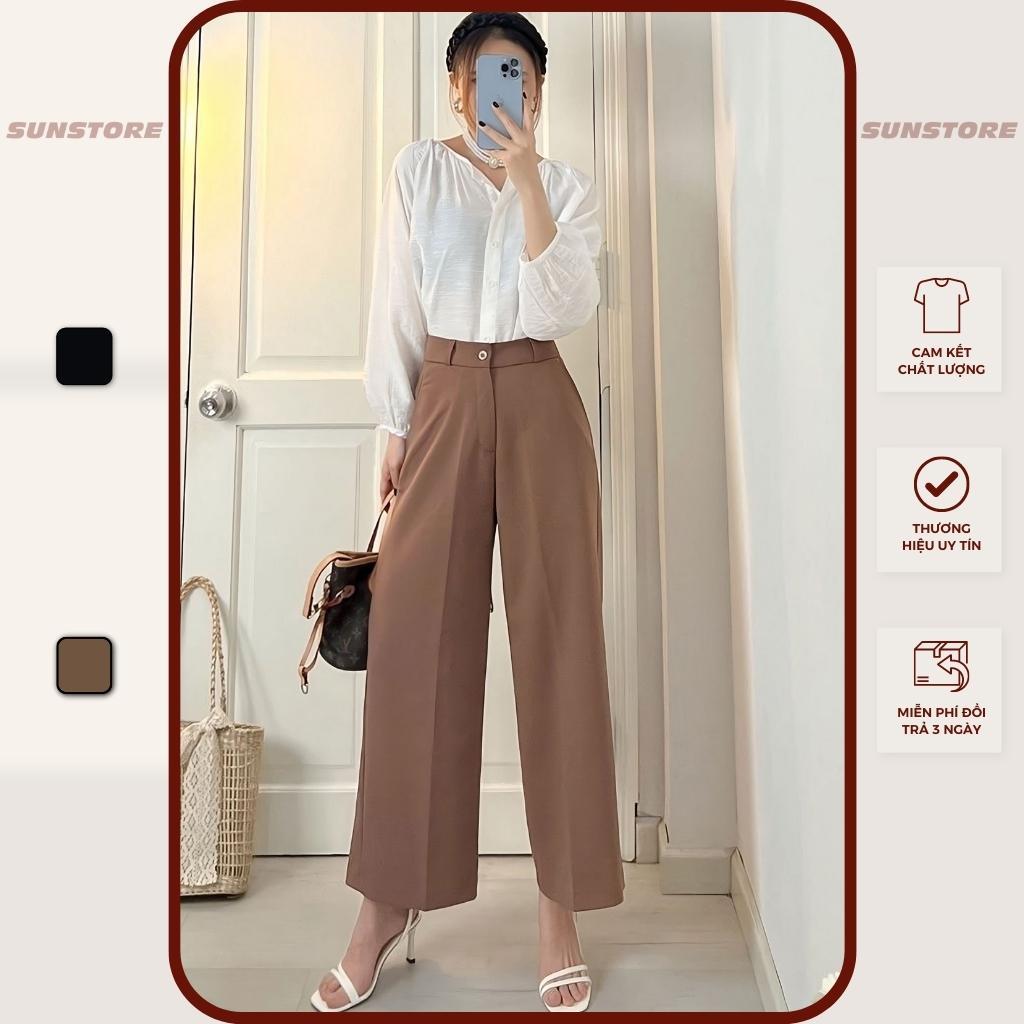 Quần lửng ống rộng nữ culottes lưng cao cạp cao vải dáng suông màu nâu và đen - Sunstore - Đen, Đen