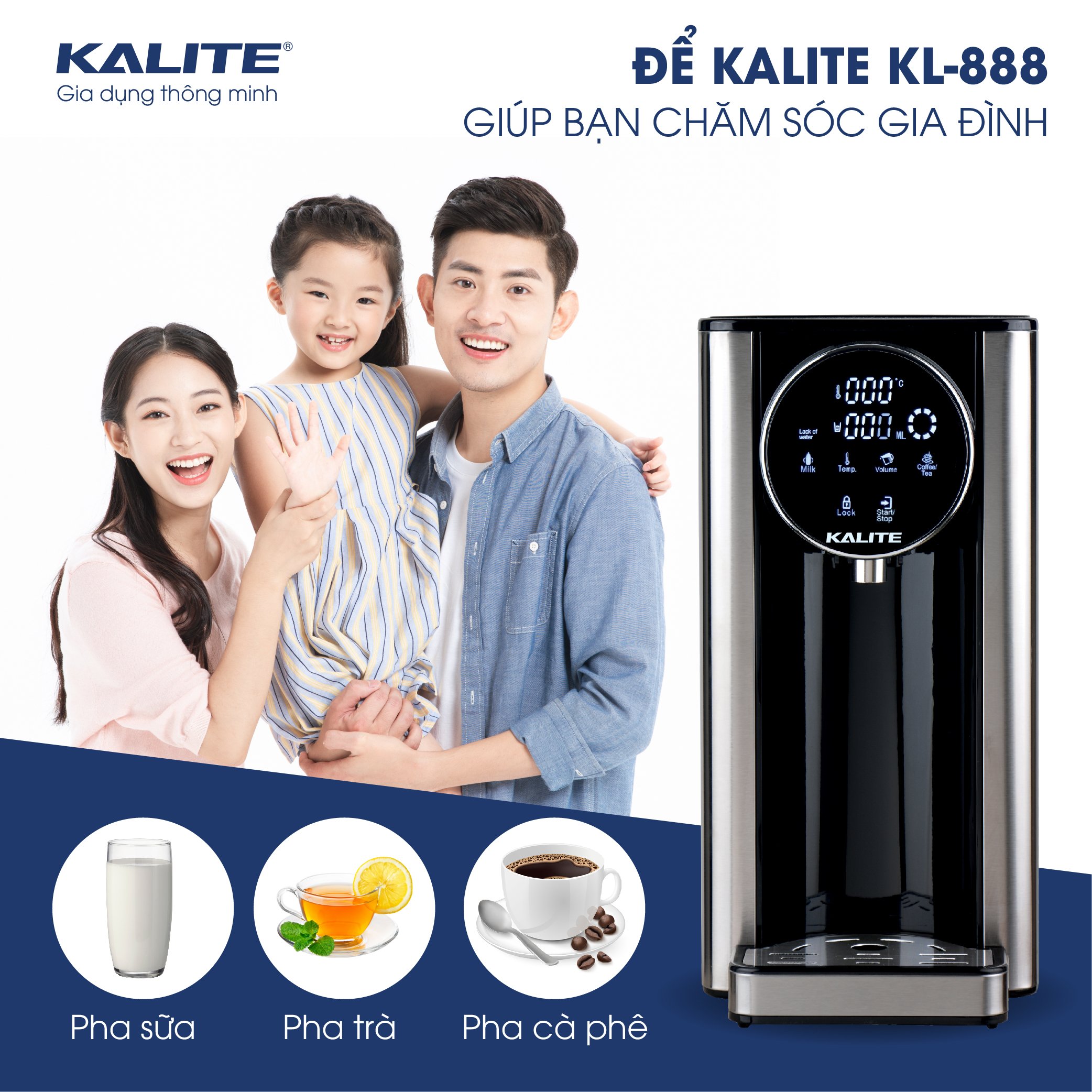 Bình thuỷ điện Kalite KL 888, dung tích 2,7L, công suất 2200W, bảng điều khiển cảm ứng, tùy chỉnh nhiệt độ và lượng nước, hệ thống lọc RO tự động, hàng chính hãng