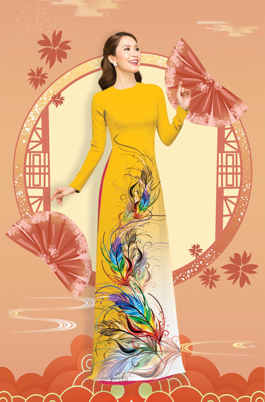 ÁO DÀI TRUYỀN THỐNG IN LÔNG CÔNG CAO CẤP - KHÔNG KÈM QUẦN