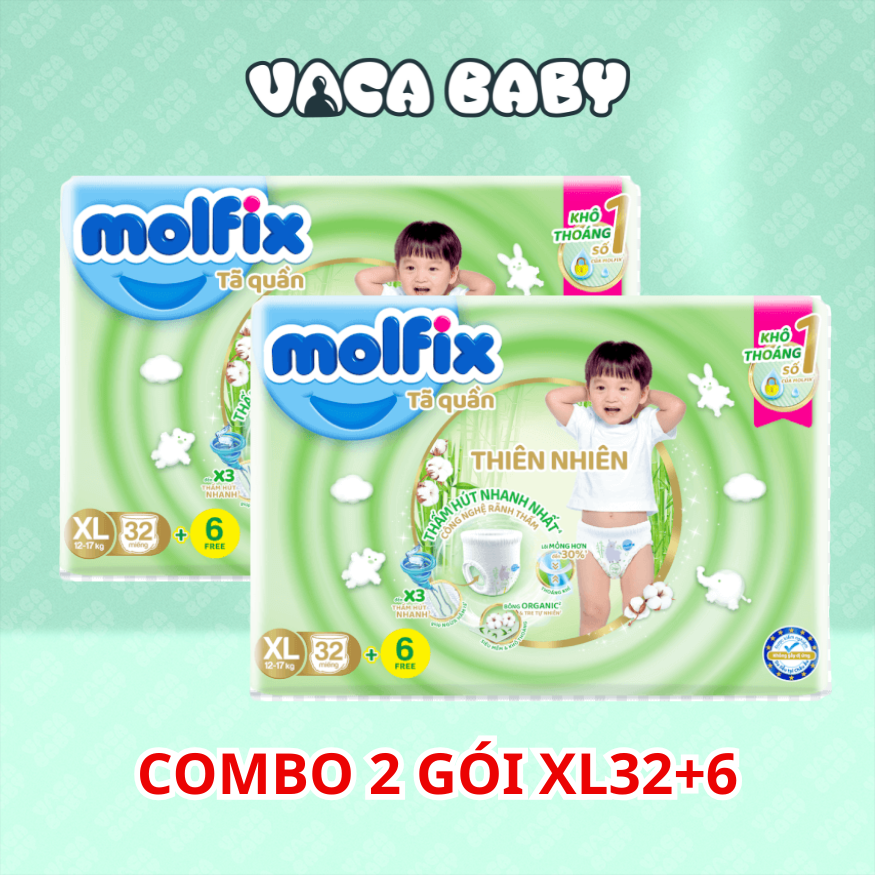 Combo 2 gói Tã bỉm QUẦN Molfix thiên nhiên Jumbo size XL32+6 miếng