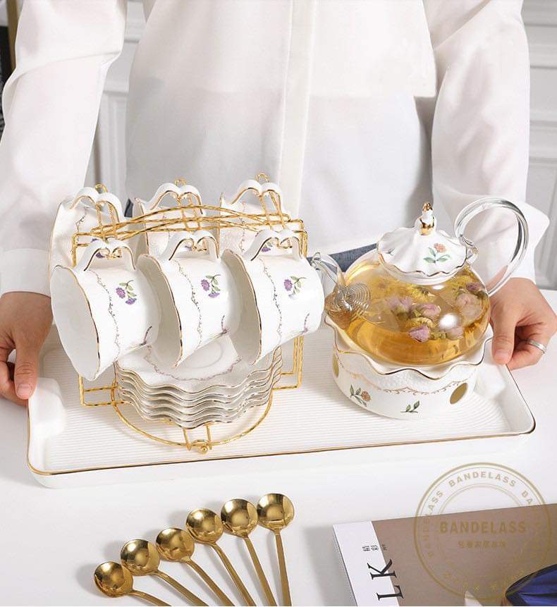 Bộ bình trà hoa hồng tím kèm khay và bếp trâm trà viền vàng sang trọng