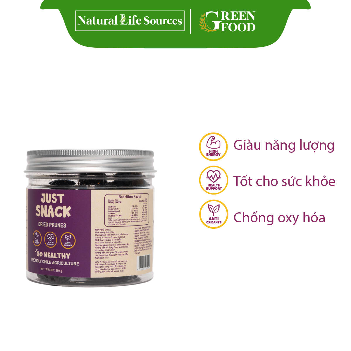 Mận Khô Chile Kích Cỡ Medium Dried Prunes Just Snack GREEN FOOD Hộp 250g - ăn vặt khỏe mạnh, không thêm đường, nhập khẩu chính hãng từ Chi-lê.