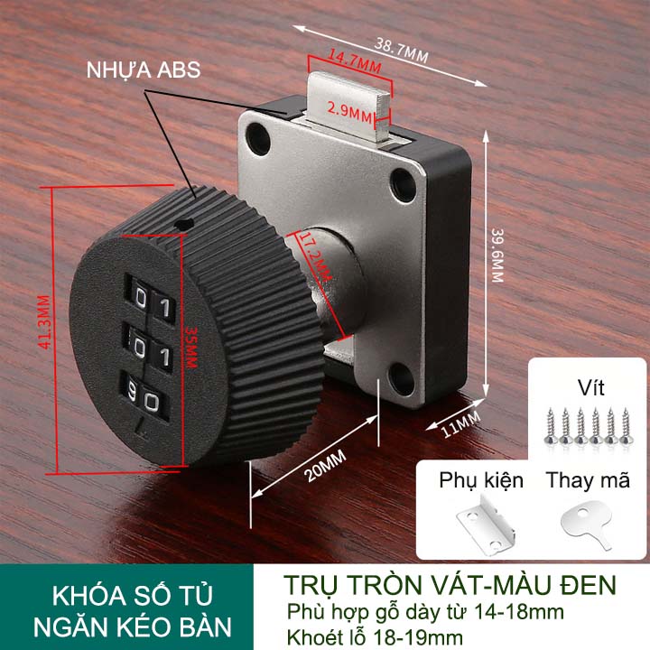 Khóa số ngăn kéo bàn, tủ, loại mặt tròn vát ABS20V dài 20mm với 3 mã số có thể thay đổi được