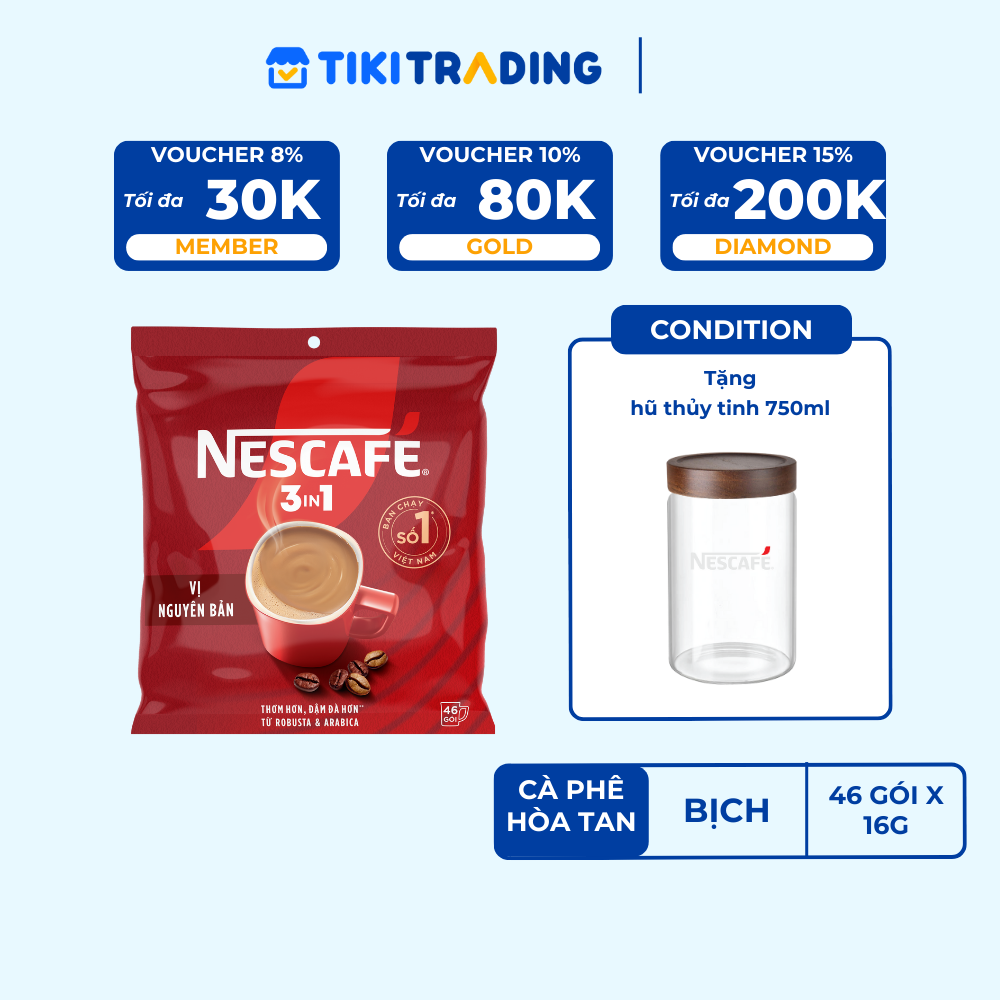 [ Tặng Hũ Thủy Tinh NESCAFÉ (Tet 26) NESCAFE] Cà phê Hòa tan NESCAFÉ VỊ NGUYÊN BẢN 46 gói Đậm Thơm Hoàn Hảo