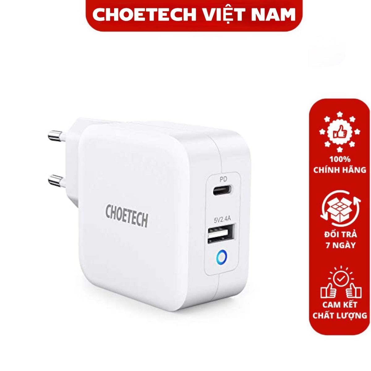 Củ sạc nhanh 38w 2 cổng (1 PD+ 1 USB A) Choetech PD5002- Hàng chính hãng