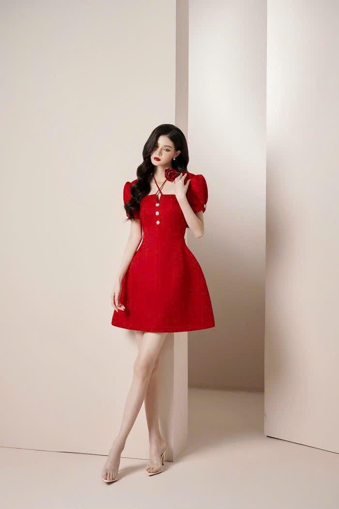 Đầm xòe tafta vân đá chéo dây