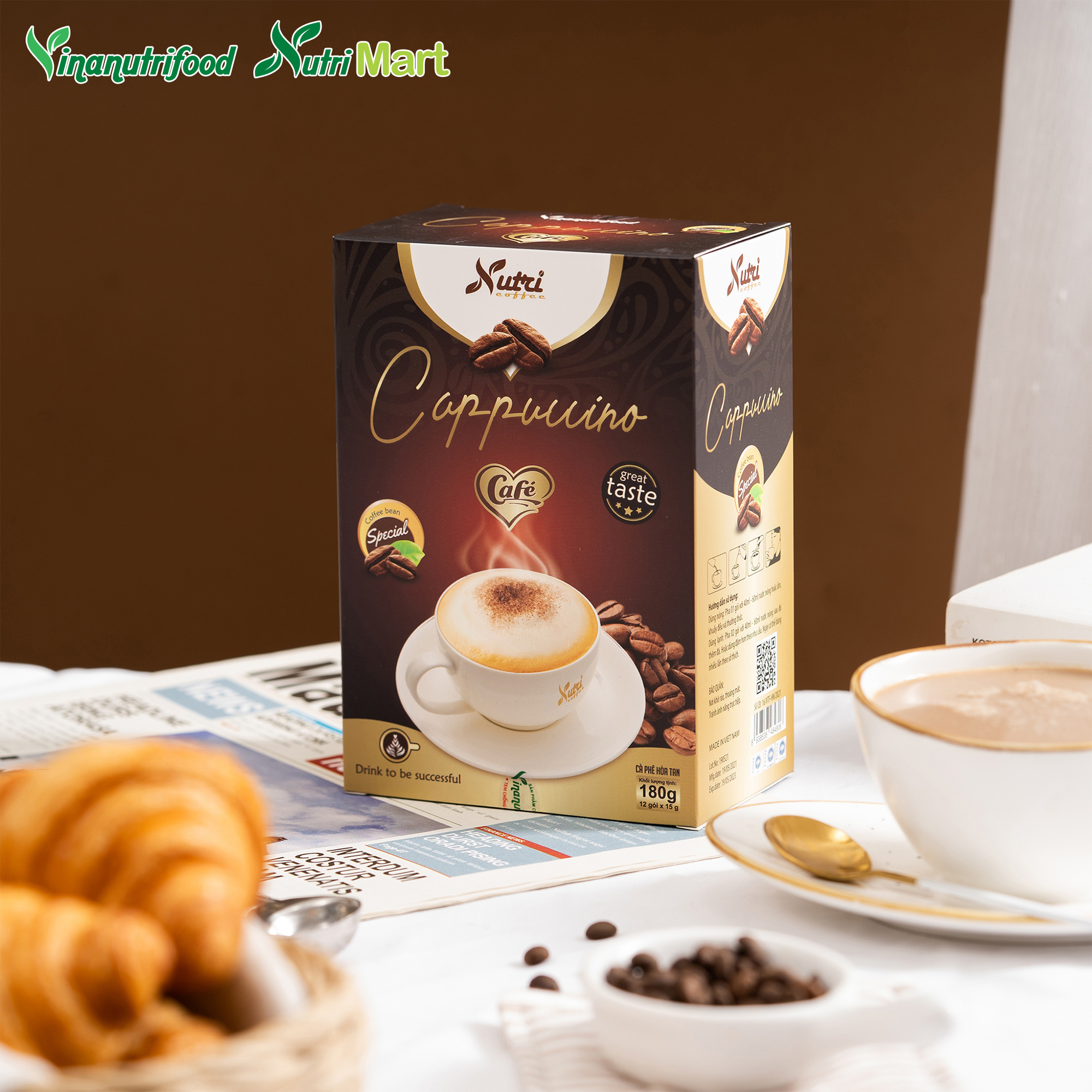 Cà phê capuchino Vinanutrifood C01, cafe thơm ngon hấp dẫn cùng vị béo ngậy tạo sự cuốn hút, giúp khơi dậy tinh thần, sự sảng khoái tỉnh táo để làm việc, học tập hiệu quả, đảm bảo an toàn thực phẩm tiêu chuẩn GMP - WHO (15g x 12 gói)