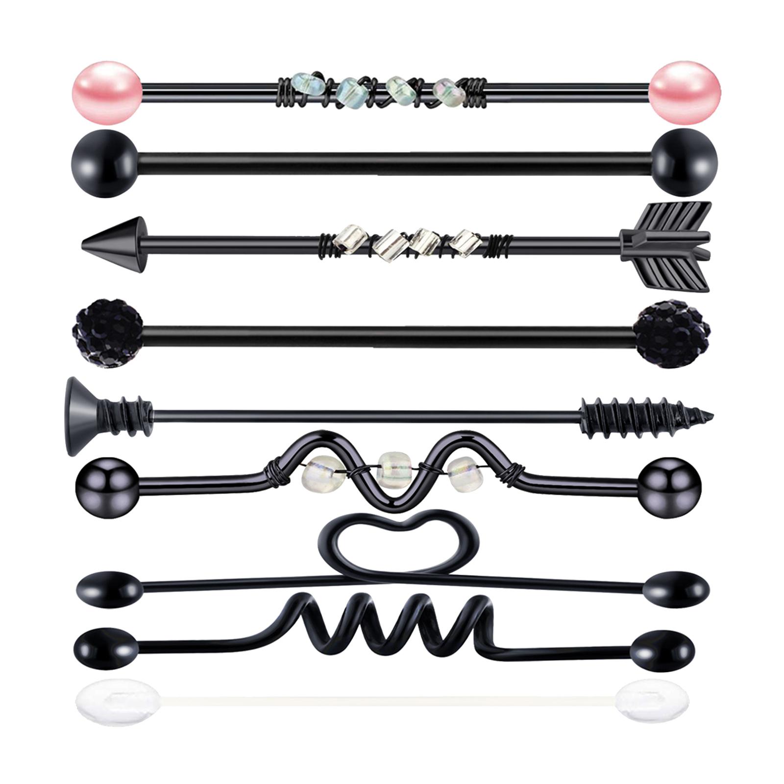 9Pcs Labret Ear Helix Earring Bar Barbell Body Piercing Jewelry Black