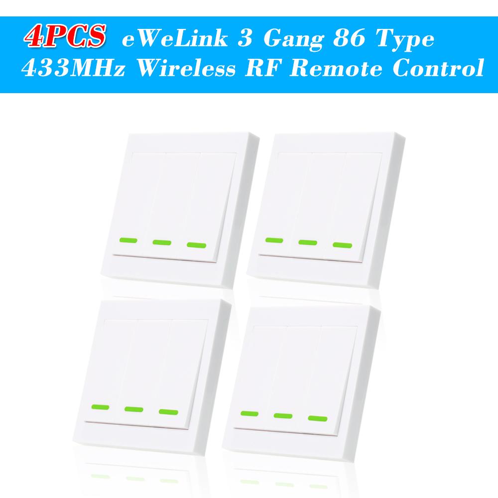4PCS eWeLink Push Button Wall Light Switch Remote Controller 3 Gang 86 Type ON/Off Switch Panel 433MHz Wireless RF Remote Control Transmitter with Stickers Free Position Flexible For Home Living Room Bedroom