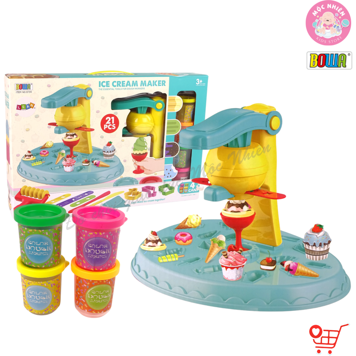 Bộ Đồ Chơi Đất Sét Bowa 8739 Chủ Đề Máy Làm Kem 21 Chi Tiết - Ice Cream Maker Color Dough Set Dành cho bé từ 3 tuổi