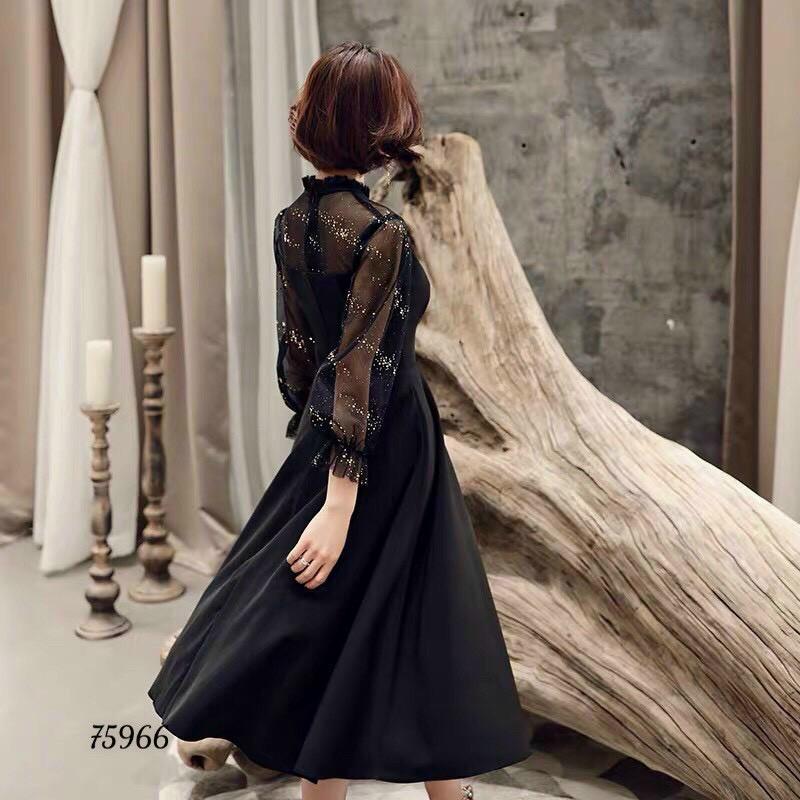 Đầm Xòe Dáng Dài Phối Tay Lưới_V13