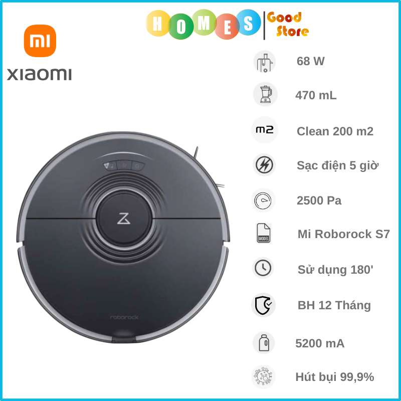 Robot Hút Bụi Lau Nhà XIAOMI ROBOROCK S7 Giặt Khăn Lau Tự Động. Diện Tích Hoạt Động 200m2 Công Suất 68W Áp Suất 2,500 Pa - Hàng Chính Hãng