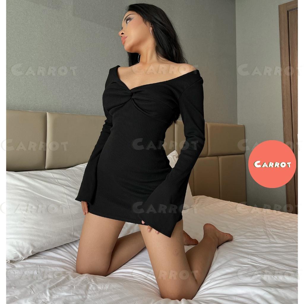 Đầm body sexy tay dài dự tiệc váy dáng ôm khoét ngực soắn ngực chất thun co giãn tốt freesize carrotxinhdep (38)