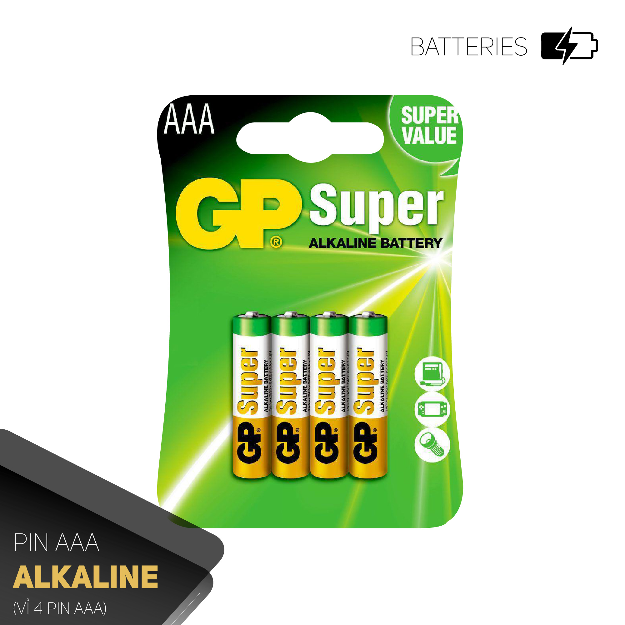 Pin đũa GP Alkaline AAA 1.5V (2 viên/4viên),Pin AAA chính hãng GP nhập khẩu,bền mạnh,thời gian sử dụng dài,an toàn,dùng cho chuột máy tính,điều khiển quạt,điều khiển tivi,đồng hồ treo tường,đồ chơi điện tử trẻ em