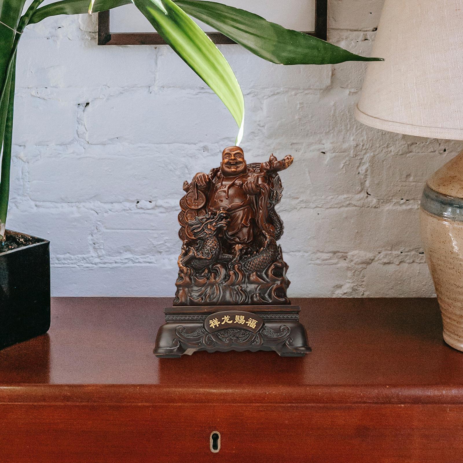 Sitting Buddha Statue, Buddha Sculpture Antique Decorative Feng Shui Chinese Buddha Statue, Laughing Buddha Figurine for Garden Office Desktop