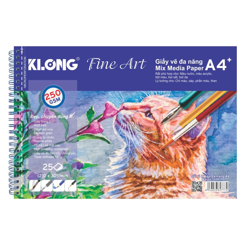 Sổ vẽ KLONG A4+ cao cấp lò xo kép xé 250GSM 25 tờ KL777