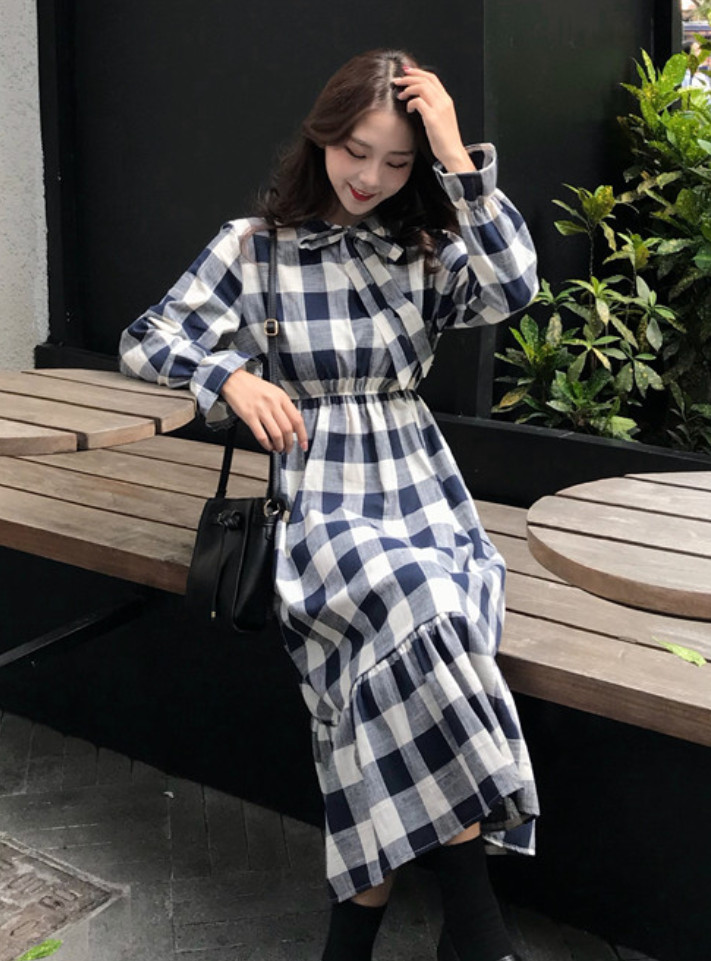 Đầm Ca Rô Nơ Cổ Thanh Lịch DN063 MayHomes