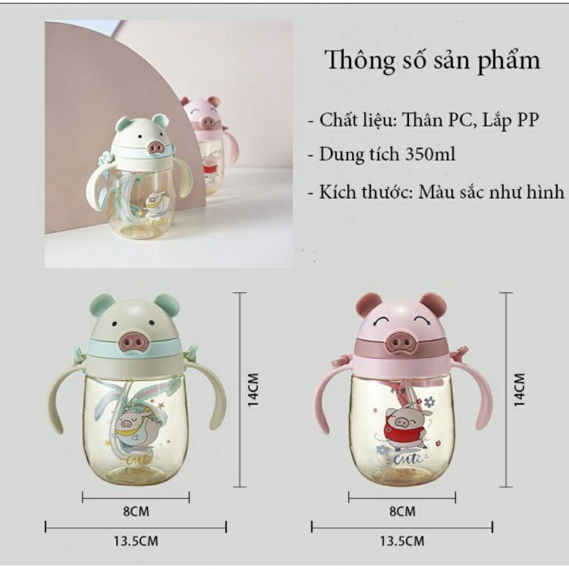 Bình tập uống nước hình con heo đang yêu cho bé trai bé gái loại 350ml (có quai đeo)