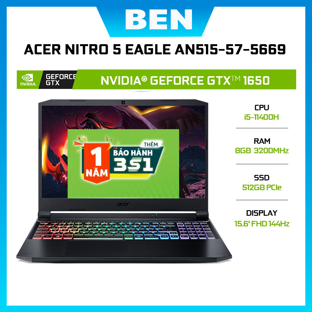 Acer Nitro 5 AN515 57 5669 i5 11400H/8GB/512GB/4GB GTX1650/15.6&quot;F/144Hz/Win11/(NH.QEHSV.001)/Đen - Hàng chính hãng