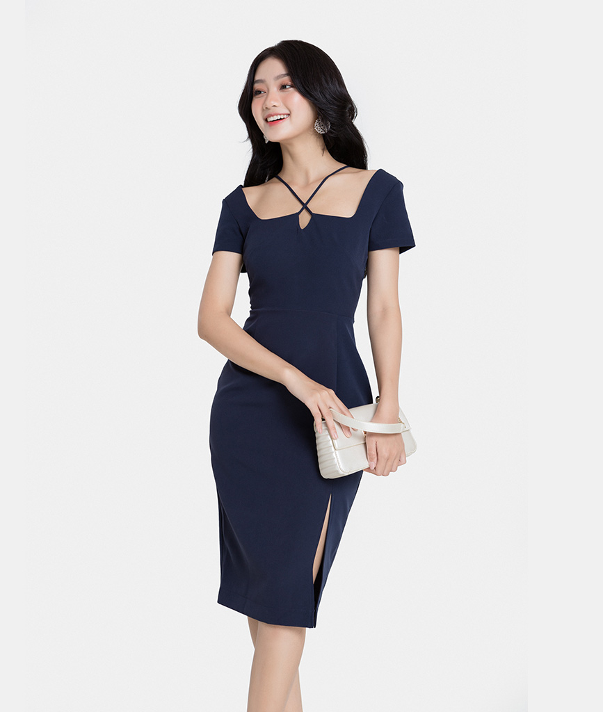 Đầm Lửng Bút Chì HNOSS Tay Ngắn Dây Cổ Chéo HNDLU026