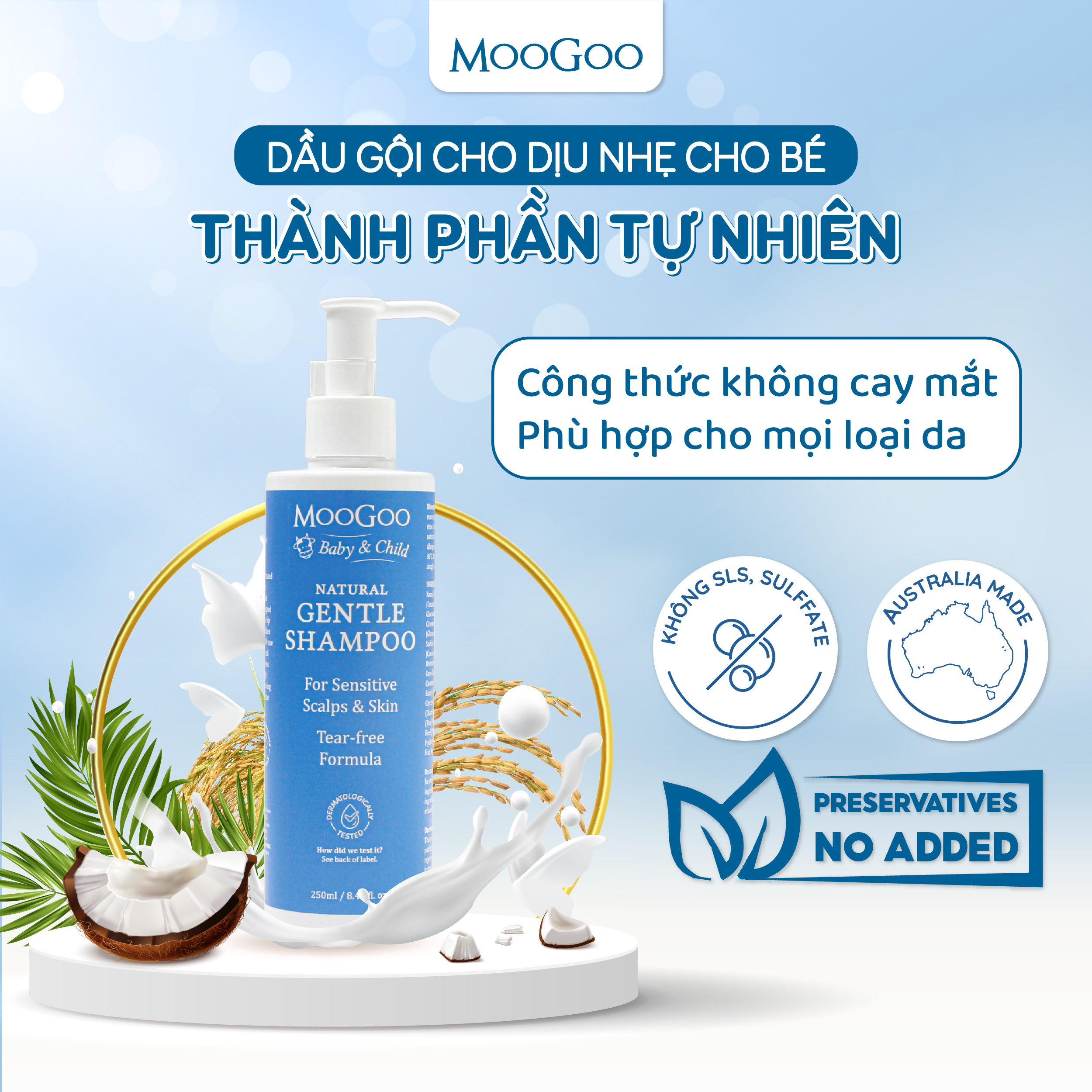 Dầu gội đầu dịu nhẹ cho bé không SLS, Sulfate, cho bé, da nhạy cảm, v da cơ địa - MooGoo