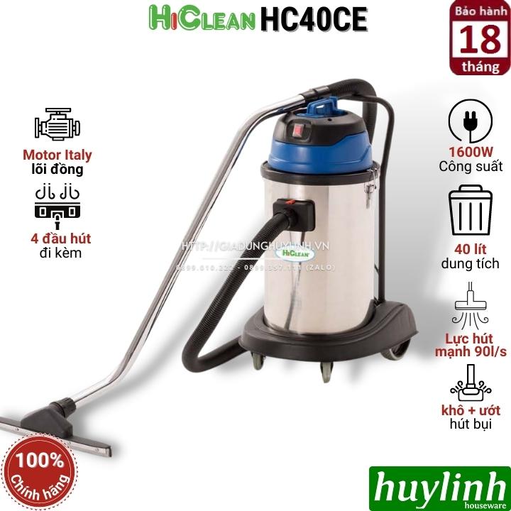 Máy hút bụi công nghiệp HiClean HC40CE - Dung tích 40 lít - Công suất 1600W - Hút khô và Ướt - Hàng chính hãng