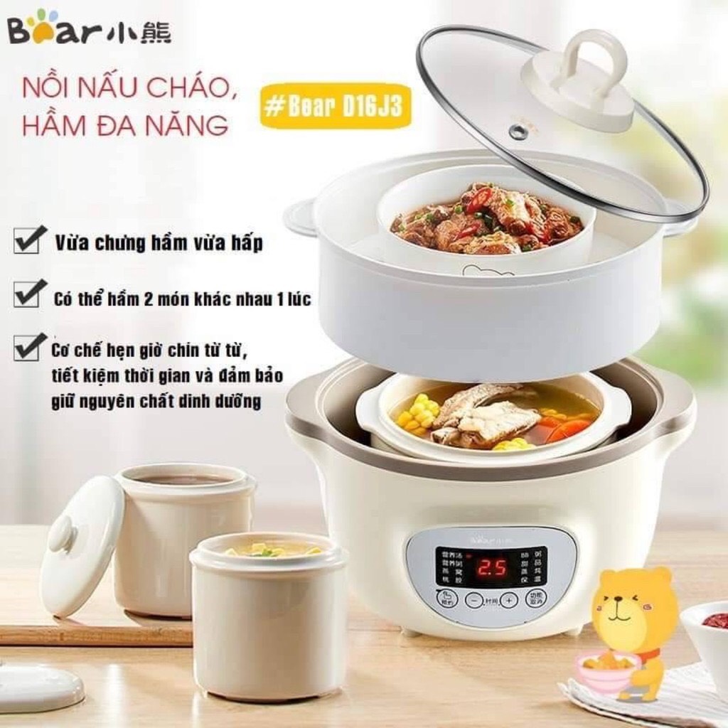 Nồi nấu chậm đa năng, chưng yến, ninh hầm cháo cách thủy Bear dung tích 1.6L DDZ-D16A1 + Tặng Lồng Hấp