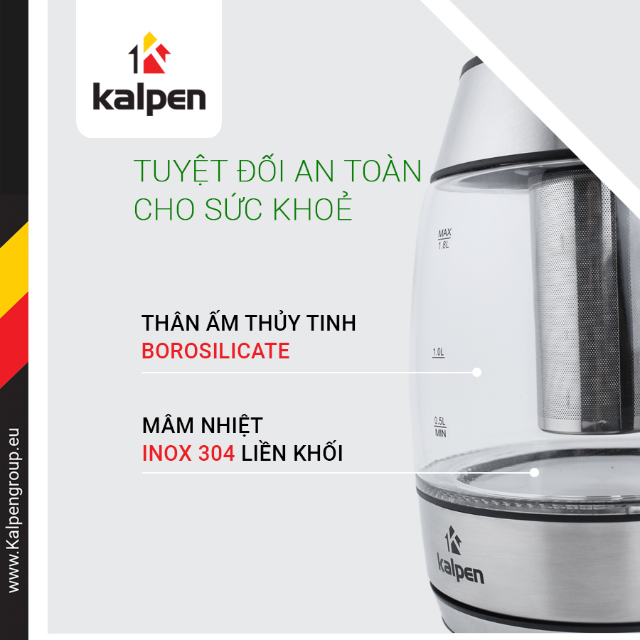 ẤM  ĐUN NƯỚC SIÊU TỐC THỦY TINH KALPEN KK66, HÀNG CHÍNH HÃNG