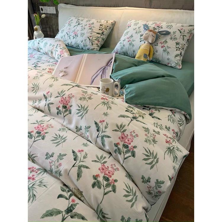 Bộ Gra Nệm Cotton Lụa Hàn Quốc Cao Cấp 5 món hoạ tiết hoa lá chất liệu mềm mát 1m2 1m4 1m6 1m8x2m