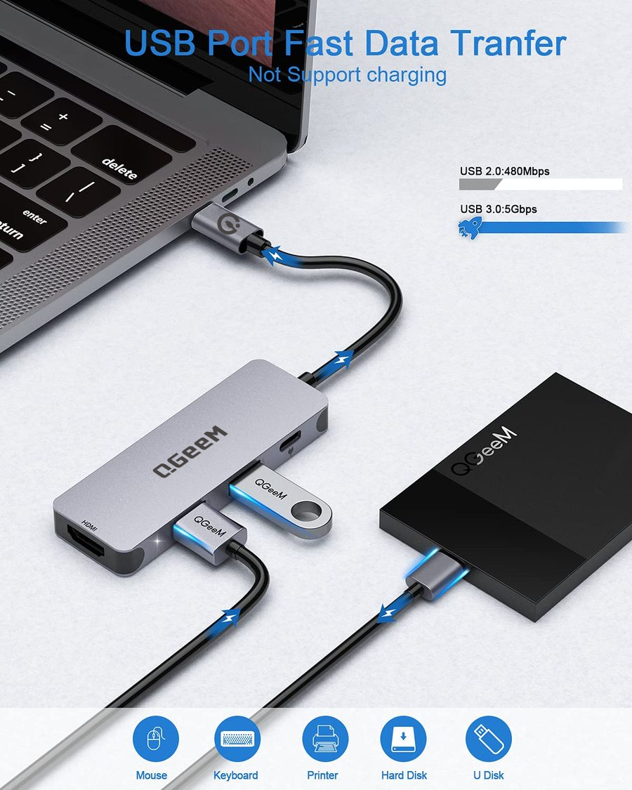 Bộ Hub QGeeM USB-C 4 trong1, 1xHDMI 4K, 1xUSB-C 100W PD Charger, 1xUSB 3.0, 1xUSB 2.0, tương thích với MacBook Pro, Dell XPS, iPad Pro, Type-C Adapter - Hàng Chính Hãng